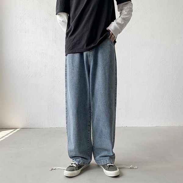 

men's jeans autumn wide leg denim pants fashion brand straight tube loose fitting students' casual, Blue