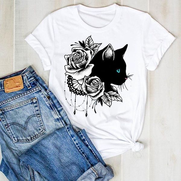 

women lady cartoon cat flower 90s pet short sleeve summer ladies t tee tshirt womens female shirt clothes graphic t-shirt, White