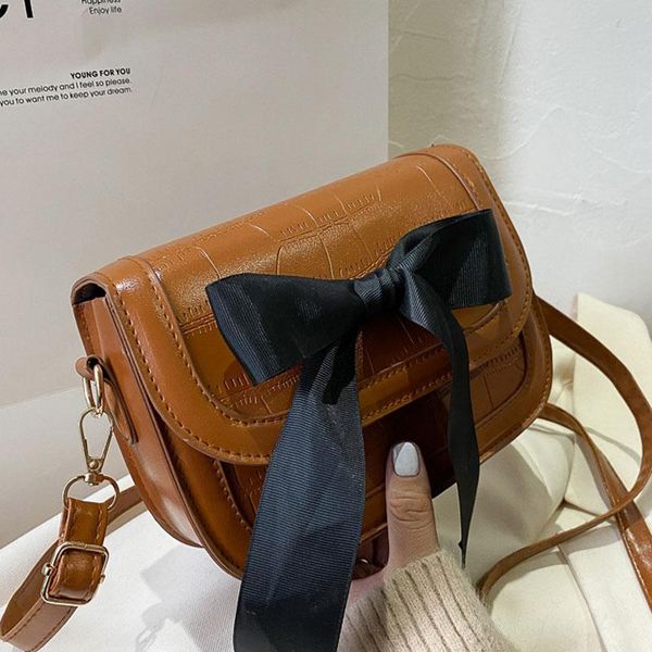 

cross body fashion big bowknot handbag for women pu leather simple style shoulder bag saddle stone prints crossbody female purse