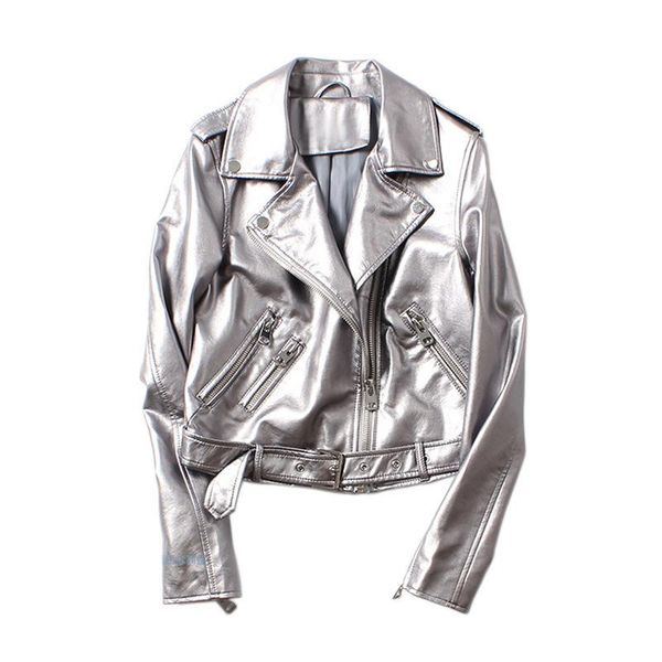

women's leather & faux 2021 spring silver jacket women washed pu rivets bomber motorcycle biker coat female outwear with belt, Black