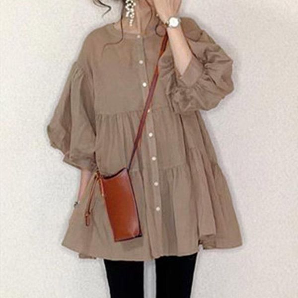 

fall women blouse button up a line women korean japan kawaii puff sleeve 2021 autumn female ruffle long shirt oversized, White