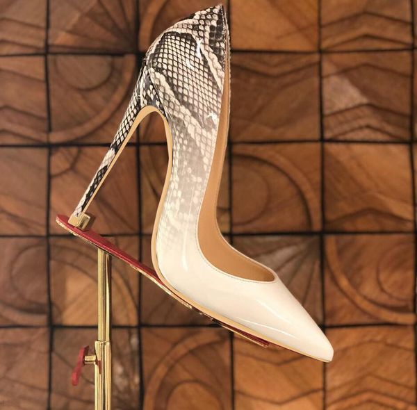 Rahat Tasarımcı Seksi Lady Moda Kadınlar Elbise Ayakkabı Beyaz Python Patent Deri Sivri Toe Stiletto Stripper Yüksek Topuklu Balo Akşam Pompaları Büyük Boy 44 12 cm