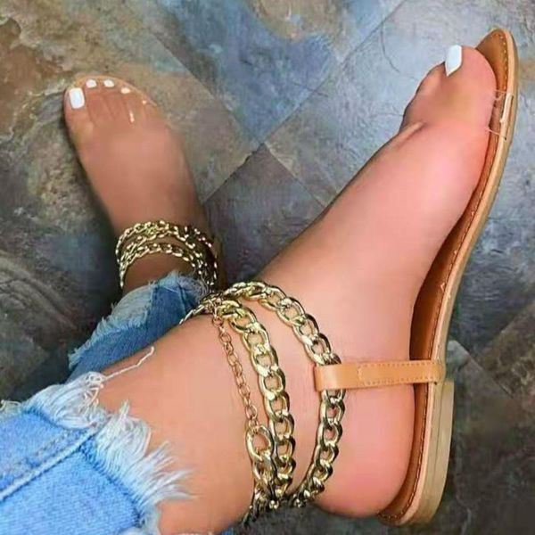 

2021 new women's flat sandals fashion metal chain transparent outer wear women beach sandals large size women, Black