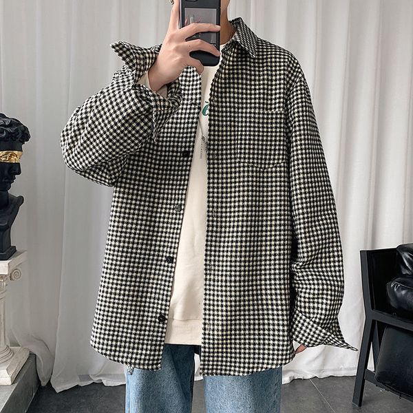 

2021 new spring plaid men's fashion retro casual shirt men streetwear korean loose long-sleeved shirts mens large size -5xl h95l, White;black