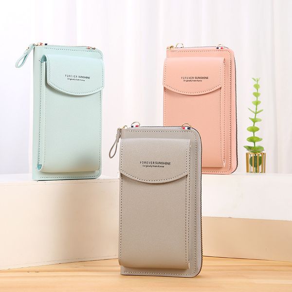 

pure color mobile phone bag women wallet card holder messenger pu money purse crossbody shoulder mini bag
