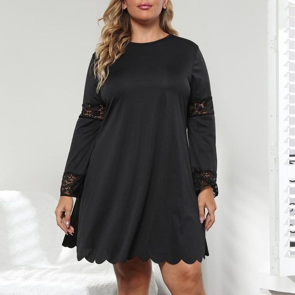 

casual dresses for women plus size clothing lace solid long sleeve a-line pullover wavy edge dress vestidos g5, Black;gray
