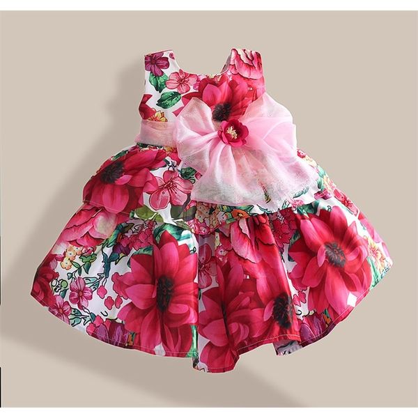 Super Bow Mädchen Kleider Mode Seide Bogen Rose Blume Drucken Ärmelloses Mädchen Party Kleid Kinder Kleidung Vestidos Infantis 1-6T 210303