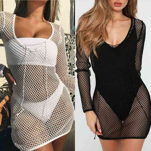 

summer women beachwear cover-ups fish net hollow out swimwear beach wear cover up ladies slim dresses long sleeve, White;black