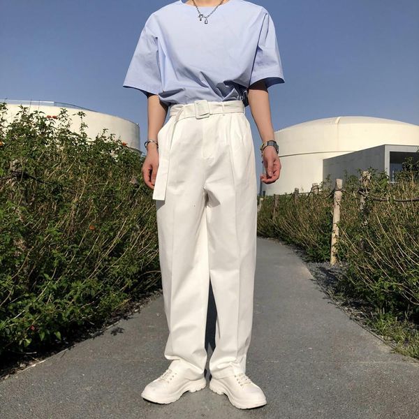 

men's pants style design belt formal silk business casual office trousers loose social white/grey/black color suits 5jmp