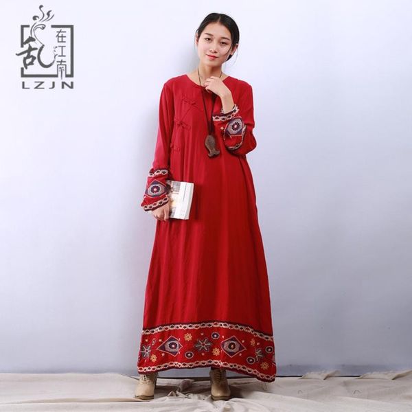 

casual dresses lzjn red maxi bohemian dress long sleeve women 2021 spring autumn cotton robe femme a line romantic with flower embroidery, Black;gray