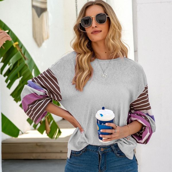 

2021 cotton blend striped lantern sleeve loose sweatshirts women fashion office lady pullovers autumn new design plus size 9y34, Black