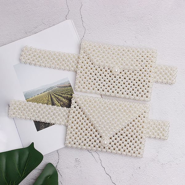 

elastic belt pearls waist pack women 2019 korean mobile phone hand woven small square fanny bag ladies mini purses high quality