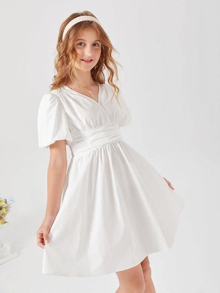 

teen girls ruched puff sleeve flare dress she, Red;yellow