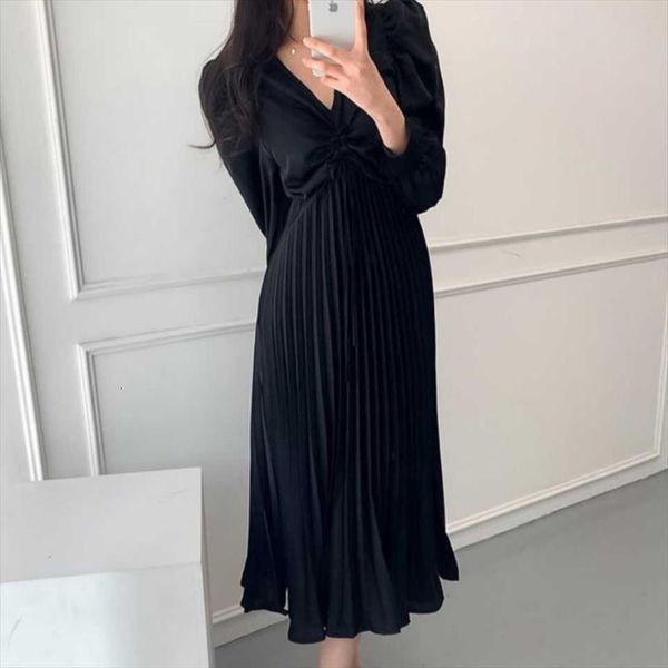 

[ewq] spring casual elegante women dress v neck solid color long sleeve over knee minimalist drawstring pleated 8y945, Black;gray