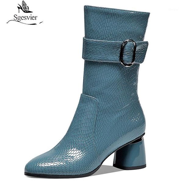 

boots sgesvier 2021 genuine leather thick high heels round toe winter quality keep warm buckle ankle women1, Black