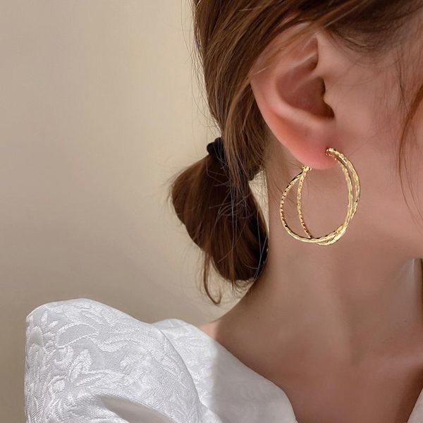 

hoop & huggie srcoi simple double crossed circle hoops earrings chic round geometric gold color metal for women girl party gifts, Golden;silver