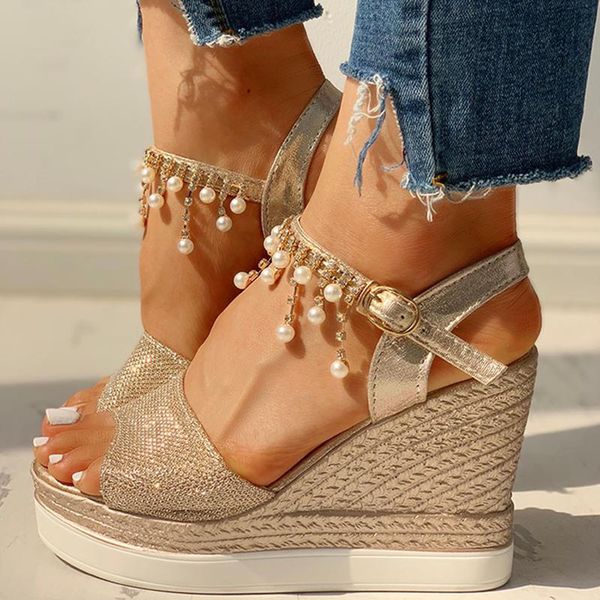 

platforms for women 2021 summer new crystal wiggen pearl classic sandals ladies high hooks luxury shoes, Black