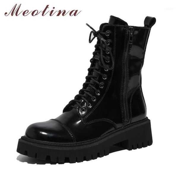 

boots meotina real leather platform mid heel motorcycle women shoes lace up zip block heels calf autumn black size 4011