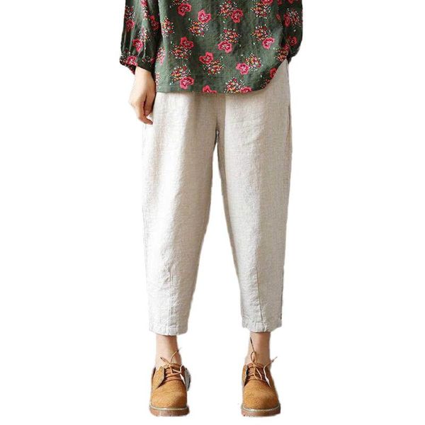 

women's pants & capris women casual harajuku spring autumn plus size long trousers solid elastic waist cotton linen ankle length haren, Black;white