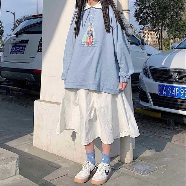 SS Streetwears костюмы женские корейские Япония Kawaii с длинными рукавами Смешные печати Polo Рубашка и белая юбка хип-хоп две частей наборы 210526