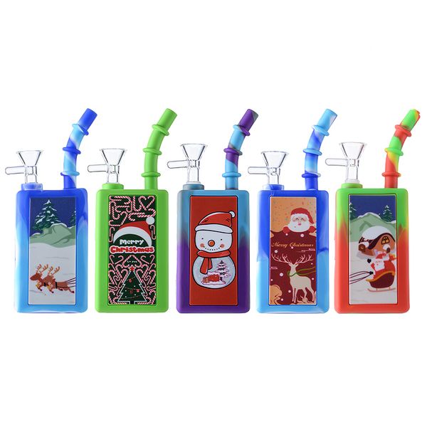 Bottiglia per bevande natalizie Narghilè Bong in silicone Stile natalizio Mini Small Rigs Pipa ad acqua con ciotola in vetro Olio Dab Rig Narghilè 14,5 mm Giunto femmina WP21123