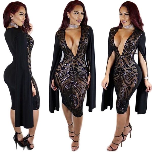 

casual dresses sequin dress women v neck split long sleeve glitter bodycon party night out club wear outfits vestidos de fiesta, Black;gray