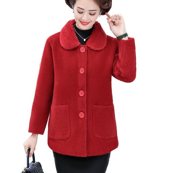 

women's wool & blends autumn winter women' coat middle-aged elderly fashion jacket casual outwear mink fleece style overcoat, Black