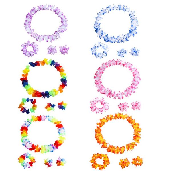 

6sets/pack 4pcs/set hawaiian leis necklace flower wreath and bracelet luau party supply innocent beach costume accessory