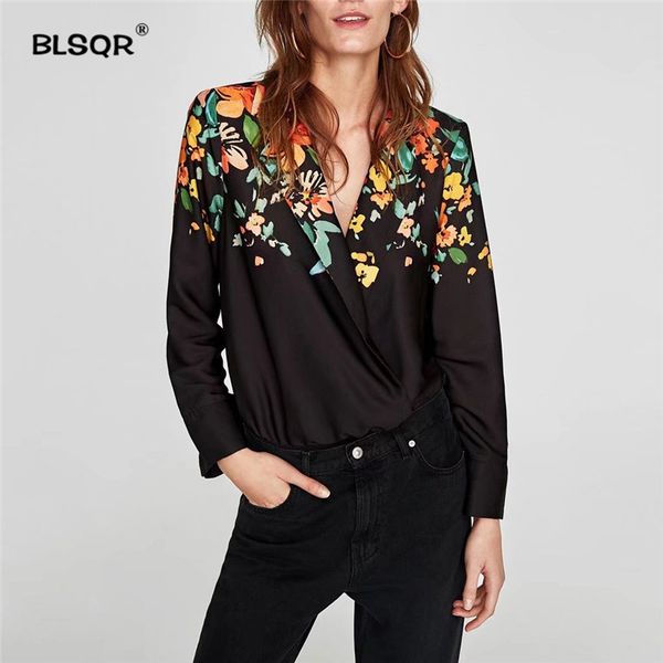 

2021 new vintage v neck floral pattern bodysuit crossover design loose long sleeve playsuit casual chic blusas gr17, Black