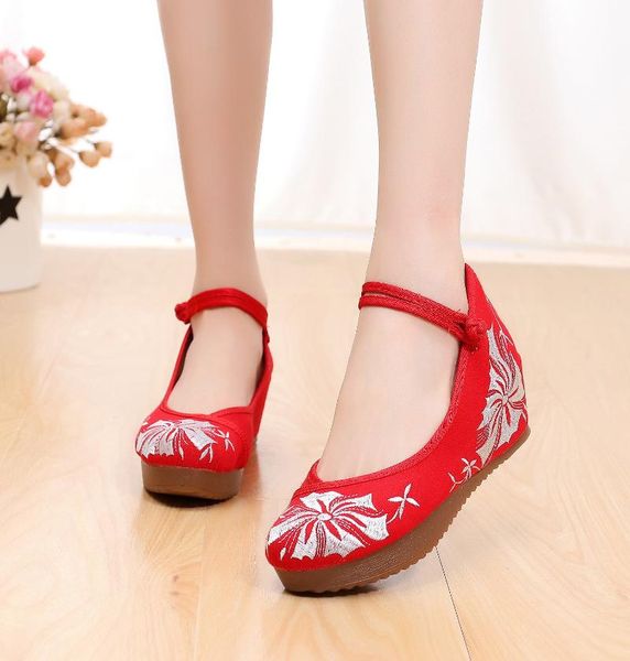 

dress shoes spring and autumn style ethnic embroidered wedges canvas handmade women's casual platform, Black