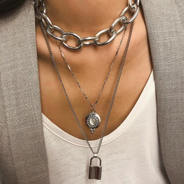 

pendant necklaces 2021 arrival exaggerated metal punk chain necklace bohemian lock long ladies manufacturers wholesale, Silver