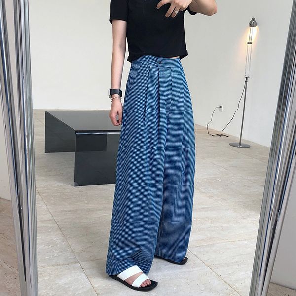 

hit color plaid wide leg pants for women high waist large size casual loose pants female 2021 summer new style, Black;white