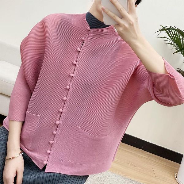 

miyake pleated chinese style button shirt jacket 2021 spring autumn cardigan tunics women vintage loose pink blouses, White