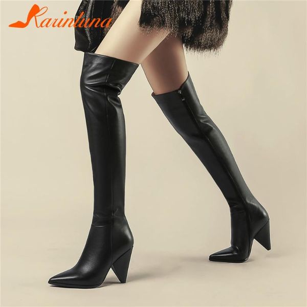 

boots big size 34-42 women's full genuine leather thigh high shoes woman heels over the knee, Black