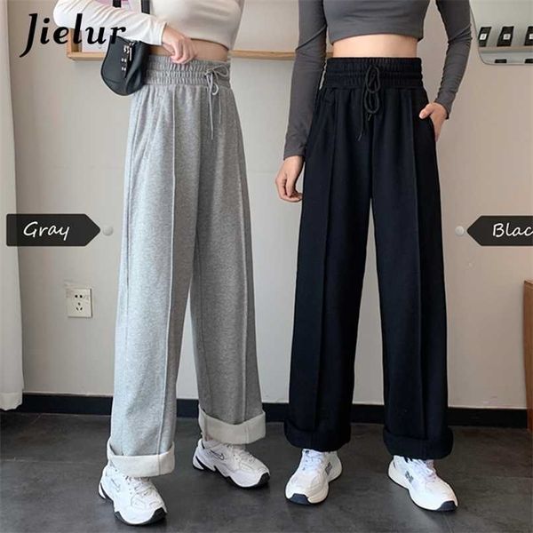 Jielur Hohe Taille Hosen Kordelzug M-XL Breites Bein Frauen Cool Schwarz Weiß Casual Harajuku BF Jogginghose Hosen 211216