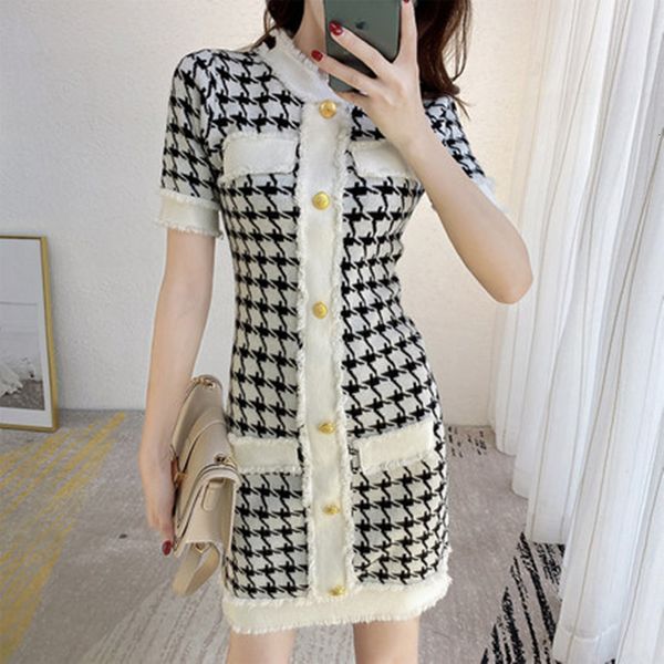 

2021 new houndstooth knitting mini women short sleeve button party round neck chic fashion ladies dress gia8, Black;gray