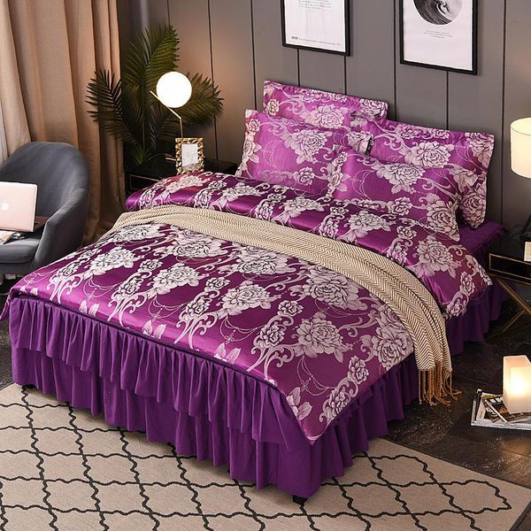 

bedding sets 4pcs european satin jacquard princess style  king size duvet cover set bed skirt pillowcase bedclothes