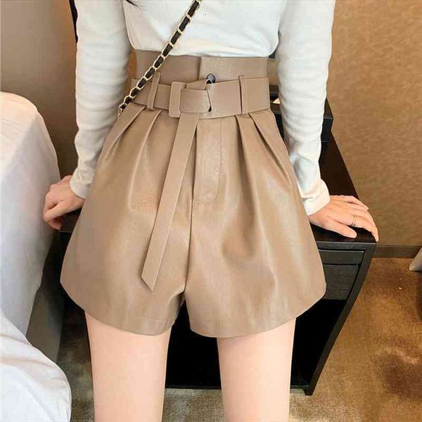 

autumn winter pu leather womens shorts wide legs loose high waist casual short with belt d306, White;black