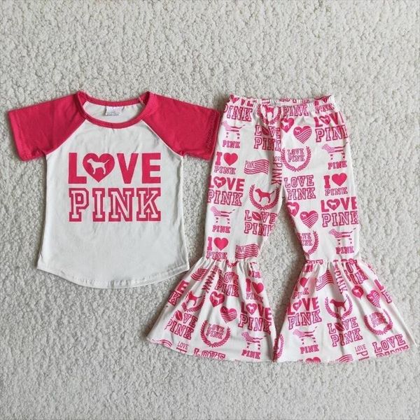 

wholesale baby girl boutique clothes short sleeve pink shirt dog bell bottomed pants children sets kids fashionable outfit, White