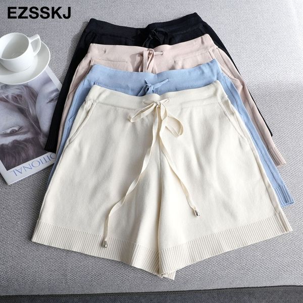 

summer knit shorts women casual knit loose short lace up chic cool straight shorts feamle short pant with pocket pj2102 210309, White;black