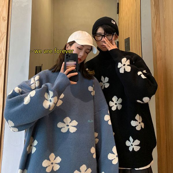 

2021 new winter turtleneck men's warmth fashion retro knitted pullover men wild loose korean flower sweater mens clothes s-2xl ik5z, White;black