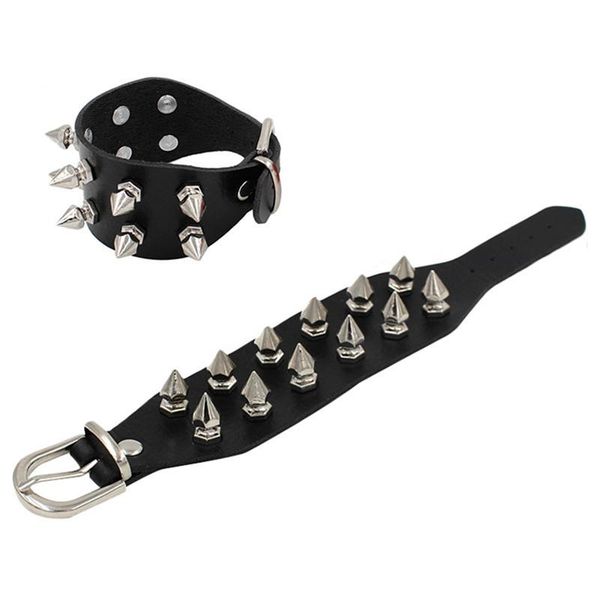 

charm bracelets unique two row cuspidal spikes rivet stud wide cuff leather punk gothic rock bangle bracelet men jewelry, Golden;silver