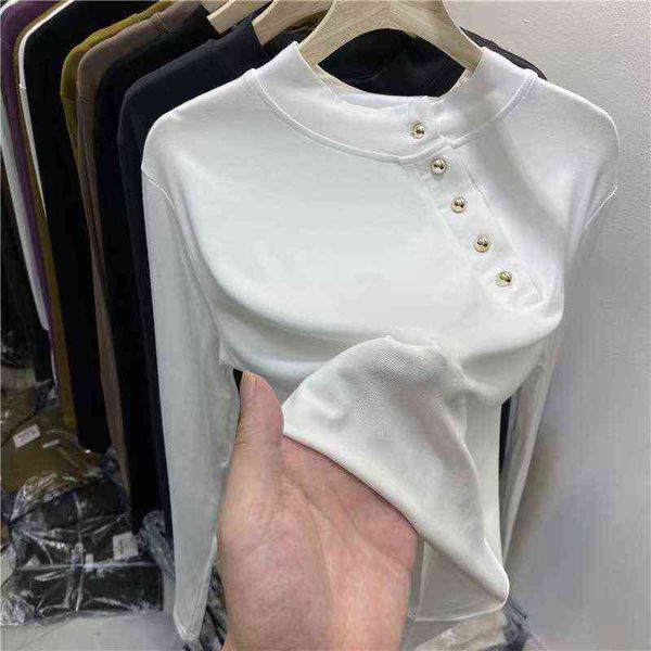 

women's sweaters cotton anti pilling round neck long sleeve t-shirt women's oblique button fashion slim fit with bottom women, White;black