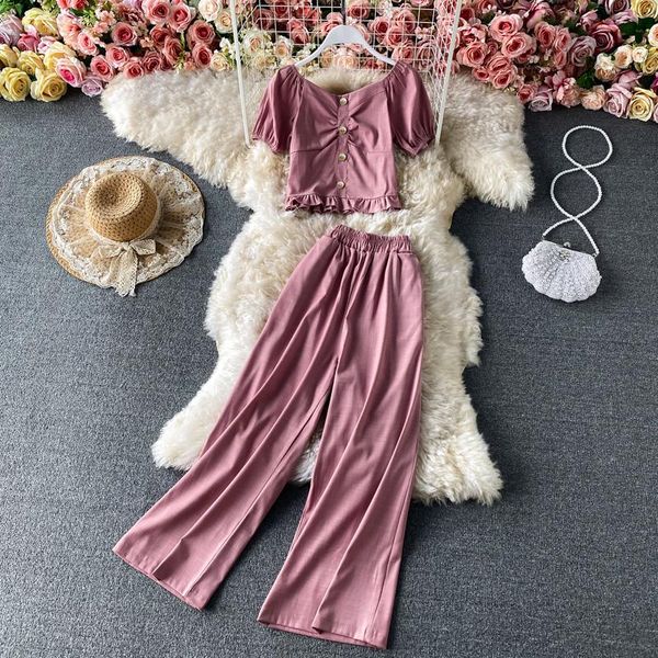 

women's two piece pants 2021 summer fashion women set short sleeve ruffle and wide leg elegant female solid casual suit korean, White
