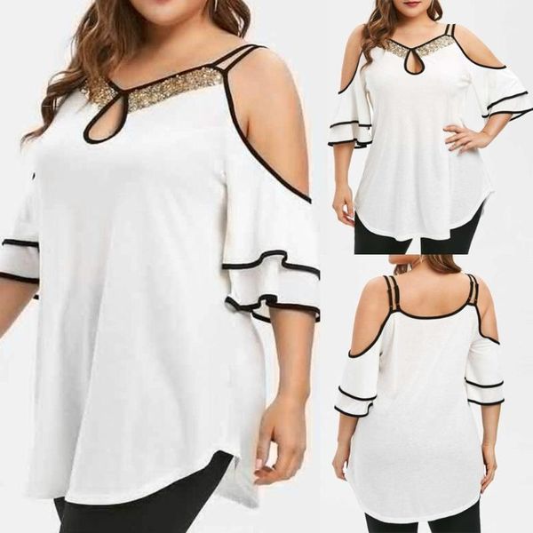 

plus size women sequins neck cold shoulder ruffled sleeve irregular hem blouse women's blouses & shirts, White