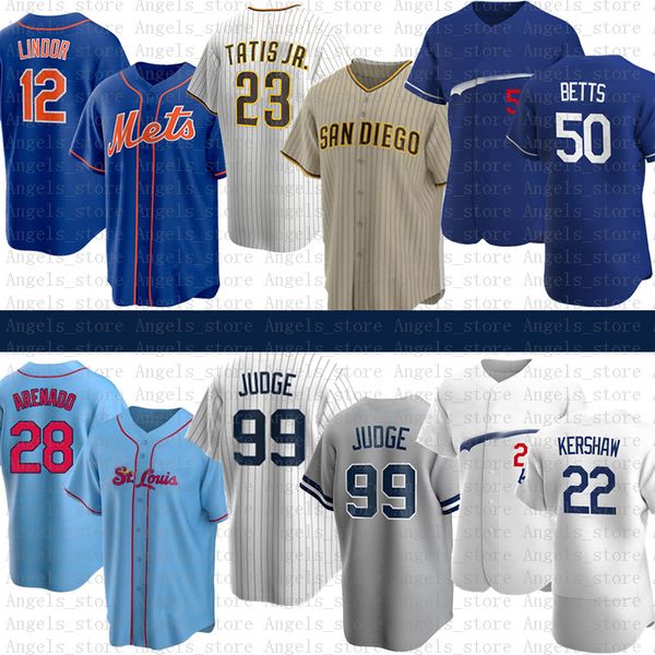 

23 fernando tatis jr. 28 nolan arenado 99 aaron judge 12 francisco lindor mookie betts clayton kershaw baseball jersey los new angeles york, Blue;black