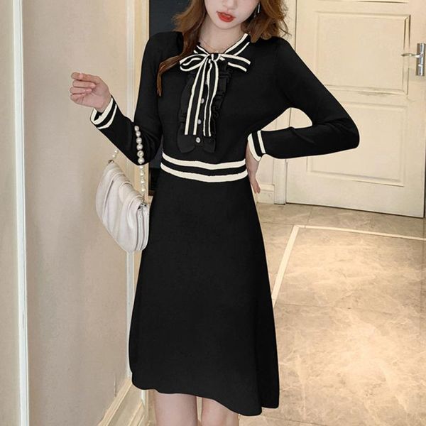

casual dresses vintage bow collar knit dress women autumn winter french elegant warm long sleeve robe femme korean fashion vestidos mujer 20, Black;gray