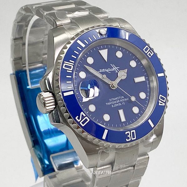 

luxury sapphire glass 40mm blue dial men's ceramic single direction porcelain ring automatic movement luminous watch, Slivery;brown