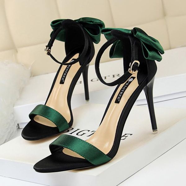 

sandals korean fashion sweet high heel women's shoes fine high-heel satin color-matching word belt bow, Black