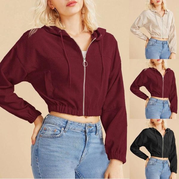 

women's hoodies & sweatshirts zipper corduroy sweatshirt women crop jacket casual solid long sleeve pocket shirt thin short ropa m, Black